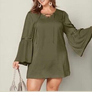 Venus Women's Olive Green Lace-Up Bell Sleeves Mini Dress - L